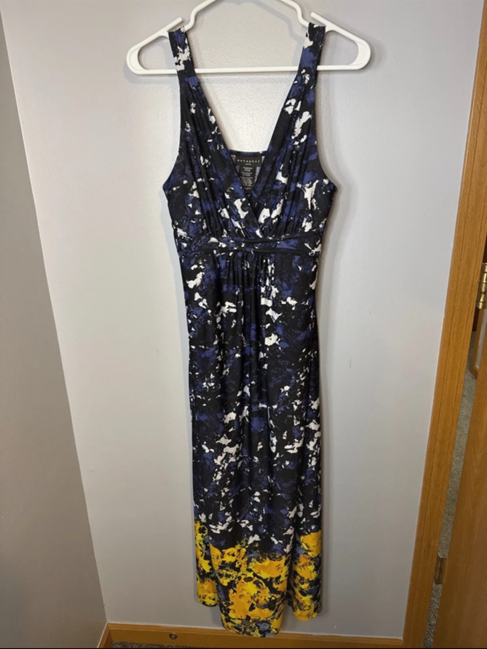 Metaphor Navy, White and Yellow Abstract Print Maxi Dress